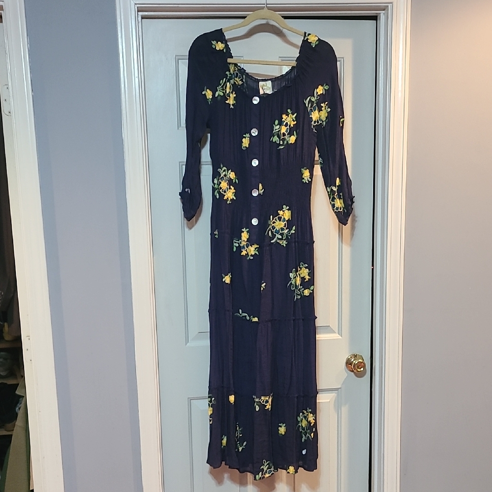 Fig and Flower Navy Dress with Yellow Floral Design